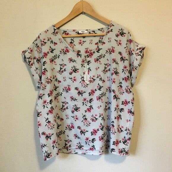 Grey Ditzy Floral Boxy Rolled Cuff Zipper Collar Crepey Top - Picture 2 of 15